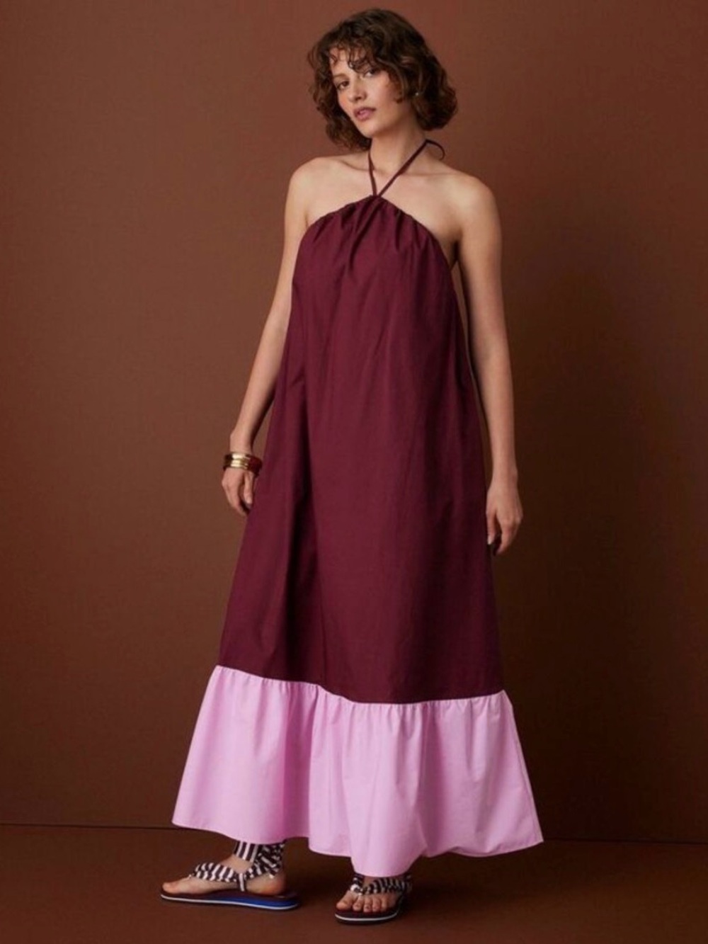 Rosie Assoulin Women's Halter Flounce Colorblock Maxi Dress - Burgundy/Pink XS